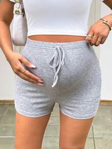 SHEIN Pantalones cortos de verano casuales, cómodos y transpirables con cordón para maternidad de unicolor - Gris - Ver 6