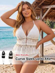SHEIN CURVE+ 大尺碼V領無袖海灘細肩帶背心上衣 - 白色 - 查看 1