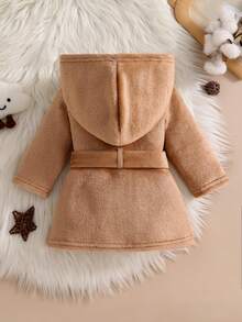 Newborn Baby Boy Warm Soft Plush Long Sleeve Hooded Robe With Belt, Fashionable Basic Western Sleepwear Camel Autumn - Khaki - View 2