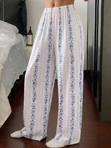DAZY Women's Ditsy Floral Elastic Waist Loose Pajama Pants - White - View 1