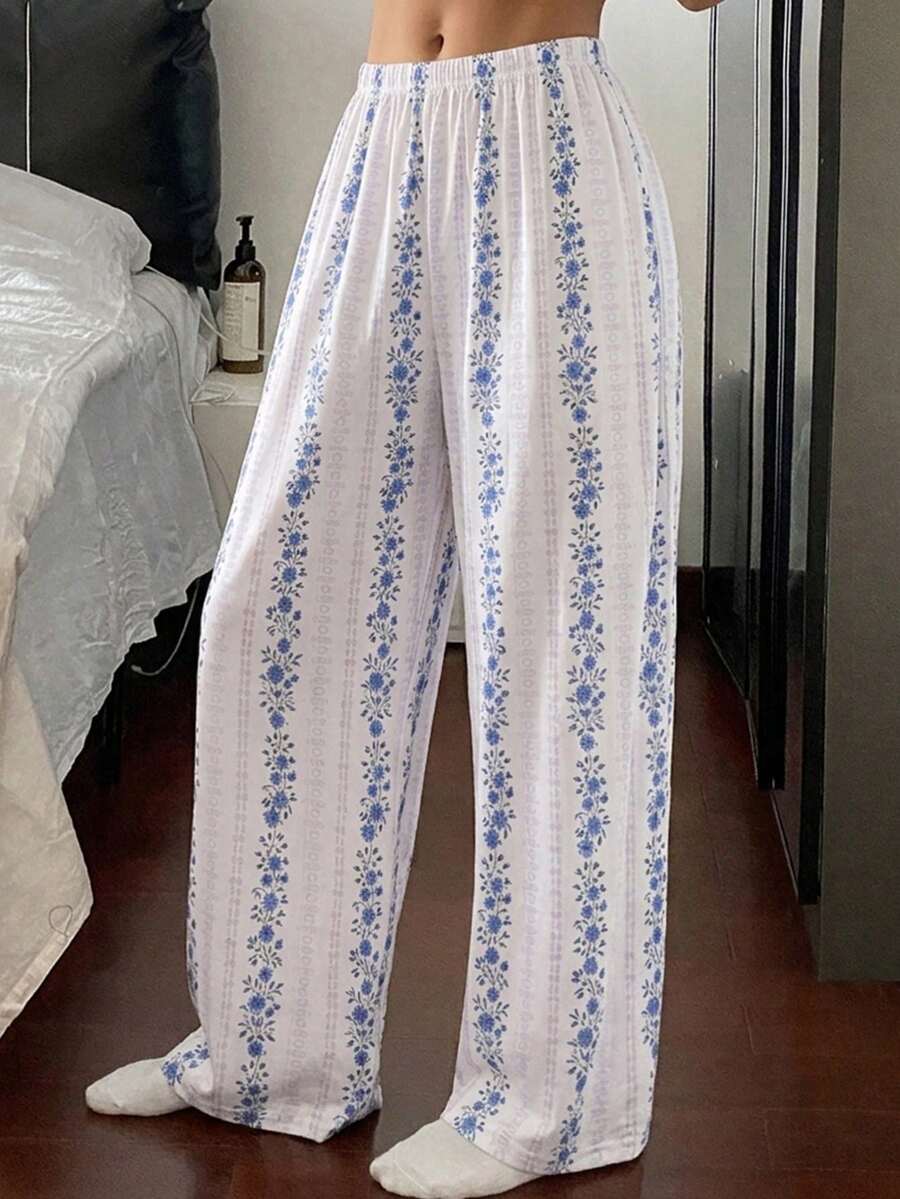DAZY Women's Ditsy Floral Elastic Waist Loose Pajama Pants - White - View 1