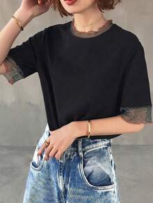FRIFUL 女士休闲宽松透视网纱纯色T恤，春夏百搭 - 黑色 - 查看 4