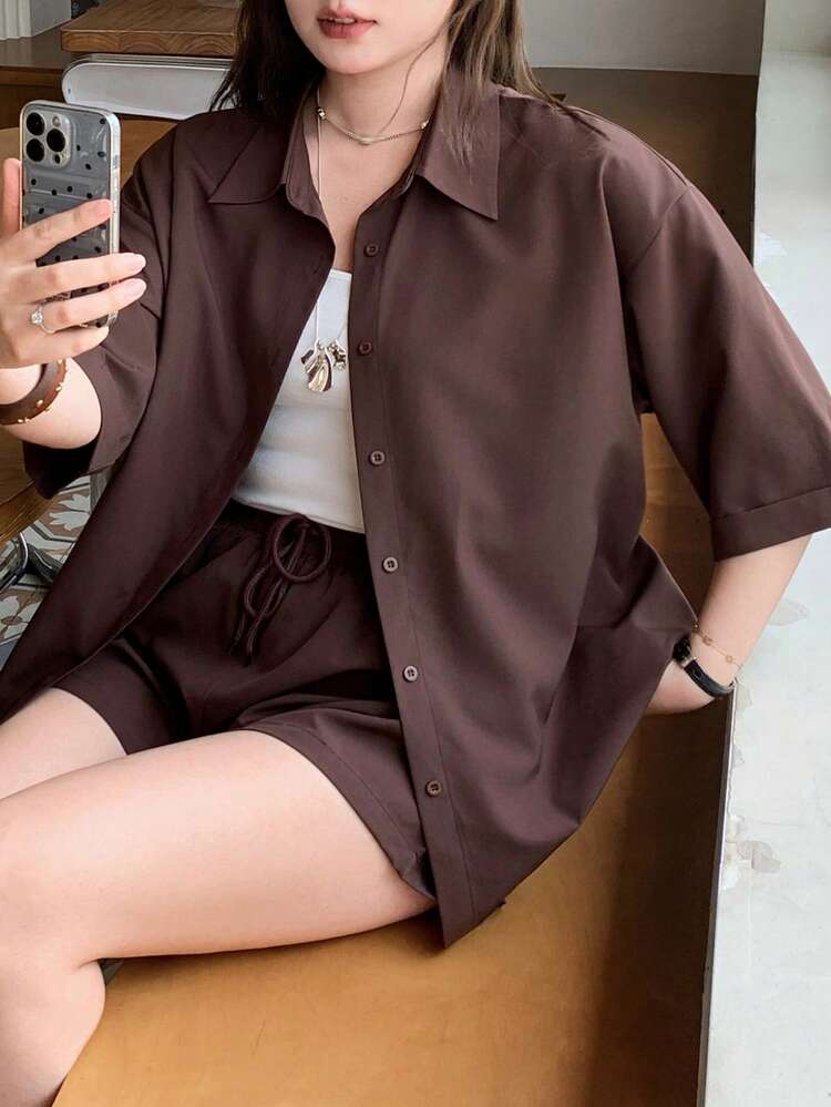 Dazy Plus Solid Color Casual Loose Short Sleeve Shirt Top & Elastic Waist Shorts Set, College Style, Plus Size, Brown, Spring/Summer