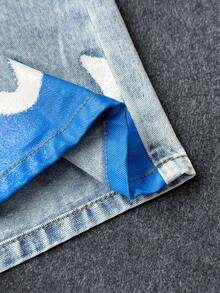 2Pcs Tween Boy Flame Star Pattern Light Blue Denim Loose-Fitting Shirt And Comfortable Denim Shorts - Blue - View 5