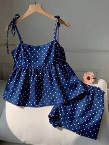 Comfortcana Bộ đồ đi nghỉ mát nữ gồm áo hai dây và quần short chấm bi, màu xanh navy, trang phục đi nghỉ mát cho nữ. - Màu xanh hải quân - Xem 7