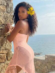 BamGleam Women's Vacation Mesh Patchwork Sheer Asymmetrical Tassel Hem Strapless Dress Beach Vacation Peach Summer Tropical - Pink - View 8
