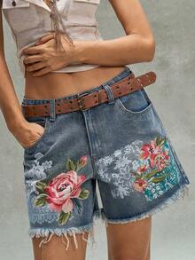 Bohemela Women Floral Pattern Pocket Frayed Hem Shorts - Blue - View 5
