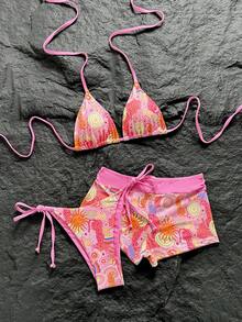 Swim Mod Women's 2026 Spring/Summer New Retro Print V-Neck Backless Triangle Bikini Set, 3-Piece - Multicolor - View 1