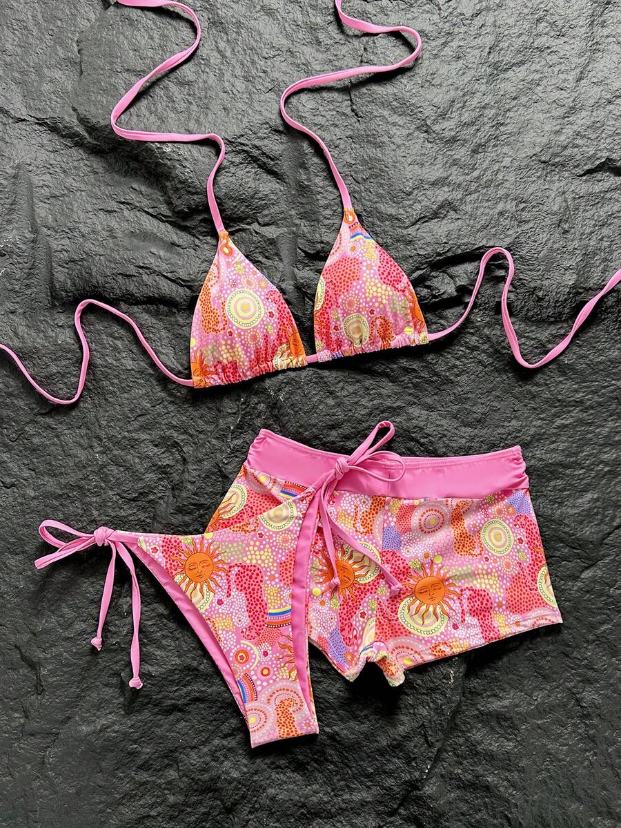 Swim Mod Women's 2026 Spring/Summer New Retro Print V-Neck Backless Triangle Bikini Set, 3-Piece - Multicolor - View 1