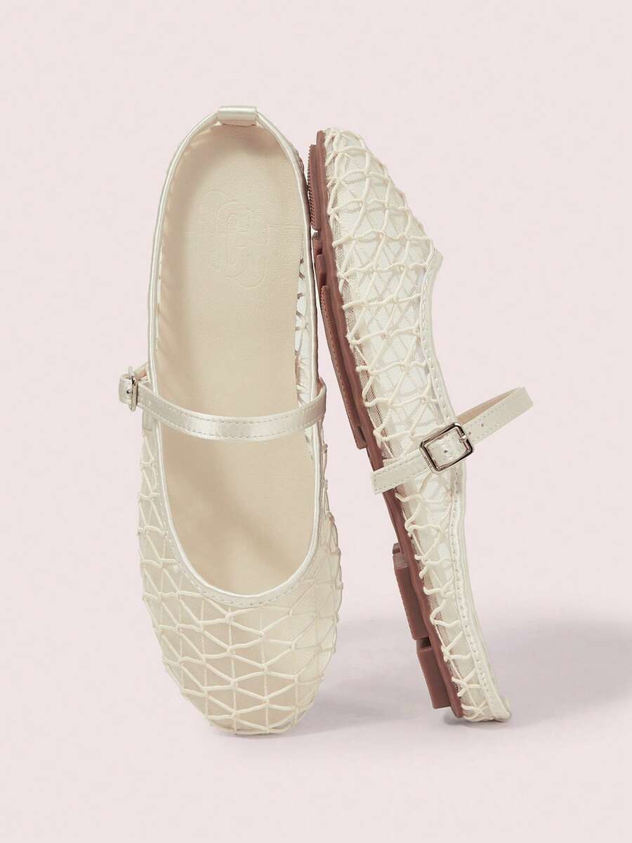 CUCCOO DOLLMOD Women's Shoes, Beige, Plaid Embroidered Upper, Exposed Heel, Round Toe, Flat Bottom, Sweet, Cute, Comfortable And Casual. - Iron mesh - apricot - View 1