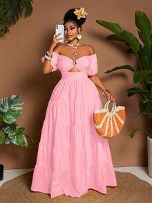 Maweii Plus Size Women's Vacation Solid Color Off-Shoulder Petal Sleeve Ruffle Hem Fashion Dress - Baby Pink - View 7