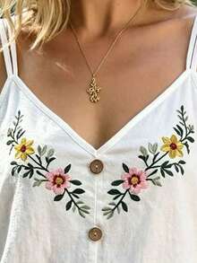 Holdful Holdful 女款棉質刺繡V領鈕扣裝飾細肩帶背心 - 白色 - 查看 4