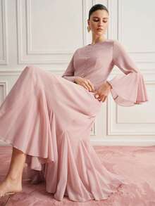 SHEIN Women's Solid Color Button Design Elegant Flare Sleeve Dress Dinner Light Pink Autumn - Beige - View 3