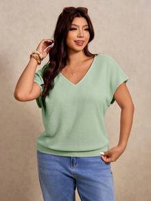 Elaquor Plus Size Women V-Neck Solid Color Casual Versatile Daily T-Shirt - Green - View 4