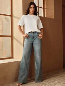 Anewsta Women's Loose Fit Rhinestone Embellished Round Neck T-Shirt, Fresh Summer Style Everyday White Basic Casual - White - View 4