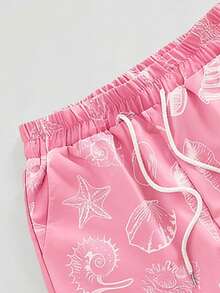 ROMWE MEN Casual Shorts de playa con cordón en la cintura y estampado de estrella de mar para hombres - Rosa - Ver 3