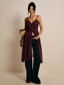 Poéselle Elegant Solid Color Lace Patchwork Camisole Top, Summer - Coffee Brown - View 6