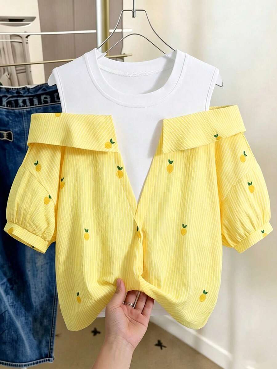 Tween Girls Colorblock Striped & Lemon Print Twist Hem Blouse, Suitable For Vacation, Spring & Summer - Multicolor - View 1