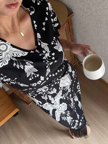 DAZY Tassel Patchwork V-Neck Allover Print Dress, Women Summer Casual Sleepwear Pajamas - Black - View 6