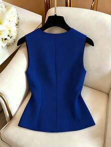 GlowEve Women's Summer V-Neck White French Retro Stylish Ruched Cropped Tank Top - Blue - View 2