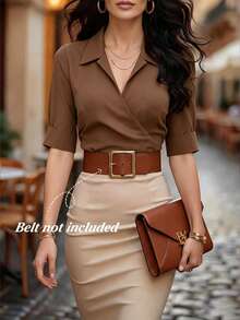 SHEIN Clasi Military Green Crossed Collar Elegant Blouse For Women - Coffee Brown - View 1