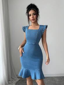 Elenzga Elegant Ruffle Trim Denim Midi Dress For Commuting, Summer - Light Wash - View 4