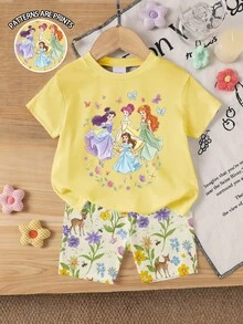 两件套甜美可爱女童公主风花卉蝴蝶印花短袖T恤上衣和鹿蜜蜂花卉印花短裤，柔软舒适，适合夏季度假和户外活动。 - 彩色 - 查看 6