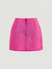 SHEIN MOD Women's Summer Casual Daily Commute Washed Pleated Denim Skirt - Pink - View 2
