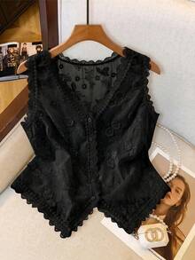 Easowa Curve 大尺碼女款夏季白色刺繡背心襯衫，適合浪漫度假、休閒通勤，展現復古風格 - 黑色 - 查看 9