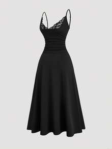 Sweetra Vestido midi de mujer de unicolor con tirantes de espagueti, parches de encaje y sin mangas, moda de verano - Negro - Ver 5