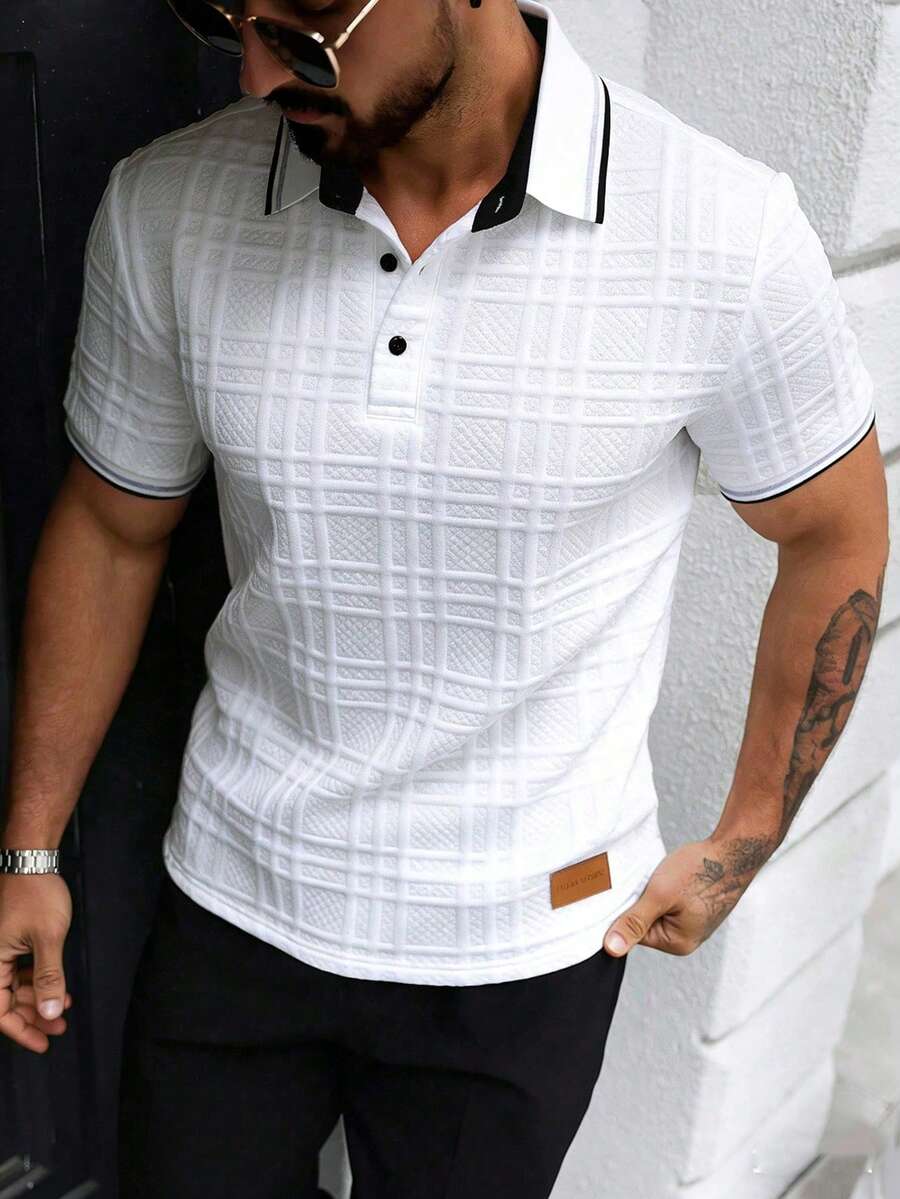 EGENSIO 男士休闲通勤拼接半开襟 Polo 衫 - 白色 - 查看 1