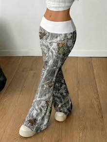 Coolane Women's White Winter Casual Streetwear Retro Leaf Print Wide Leg Pants,Vintage Y2K Punk Downtown Girl Yoga Palazzo Trousers For Date,Spring Summer - Multicolor - View 5