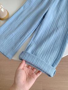SHEIN LMoss Kids 女童纯色无袖刺绣宽松休闲吊带连体裤 - 藍色 - 查看 3