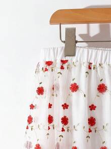 GlowEve CURVE Chân váy lưới thêu hoa phong cách kỳ ảo cho nữ size lớn, mặc đi du lịch, tiệc sinh nhật, trà chiều, mùa xuân hè thu - Đỏ và trắng - Xem 3