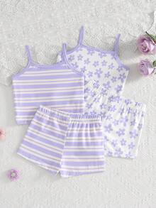 4pcs/Set Young Girl' Sweet & Cute Pink Series Floral & Striped Print Camisole & Shorts Underwear Set Autumn Fall - Mauve Purple - View 2