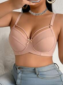 SHEIN Plus Size Women Bow Decor Adjustable Strap Casual Daily Bra - Apricot - View 6