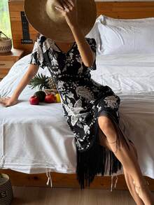 DAZY Tassel Patchwork V-Neck Allover Print Dress, Women Summer Casual Sleepwear Pajamas - Black - View 3