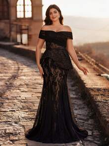 Aureia Plus Size Elegant Luxurious Black Sequin Lace Patchwork Mesh Off Shoulder Mermaid Hem Patchwork Triangular Mesh Dress, Suitable For Evening Party, Gala, Date, Vacation, Wedding, Music Festival, Formal Occasion (Intricate Design) - Black - View 7