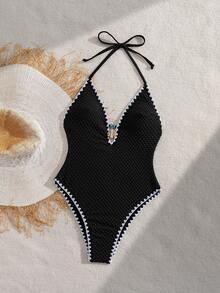 Bonvoyette Spring Summer Elegant Sexy Solid Color Fabric V-Neck Pearl Shell Pendant Decor Contrast Color Ruffle Halter One-Piece Swimsuit Beach Black - Black - View 5