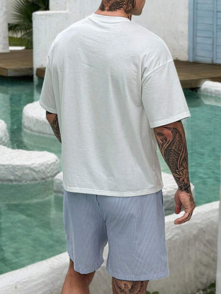 Letter Print Short White T-Shirt Paired With Striped Pants, Men's T-Shirt Set