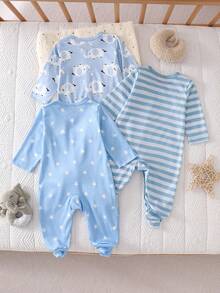 3pcs Newborn Long Sleeve Footie Pajamas Set, Blue Striped Star Elephant Print, Cute & Simple, Comfortable Casual Homewear Suitable For Boys & Girls All Seasons - Blue - View 2