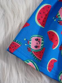 CoComelon X SHEIN Baby Girl Summer Casual Cartoon Pattern Ruffle T-Shirt And Watermelon Print Skirt Set - Apricot - View 10