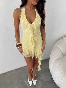 Aloruh Women's Summer Ruffled Lace Halter Mini Dress - Yellow - View 4