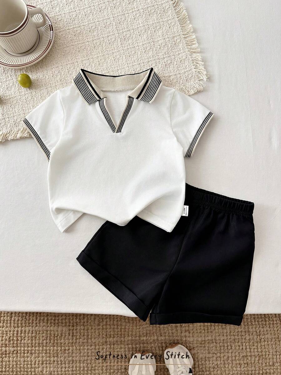 Cozy Pixies Set 2 Potong Baju Bayi Laki-laki Rajut Lembut Kerah Polo Lengan Pendek dan Celana Pendek Pinggang Elastis - MultiWarna - View 1