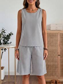 Faunlyn Women's Vacation Casual Modest White And Navy Tank Top And Shorts 2 Pieces Set Beach Vacation Summer - Black and White - View 3