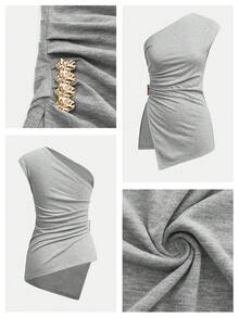 Maija Blusa asimmetrica con arricciature e fibbia metallica per le donne - Grigio Chiaro - Visualizzare 8