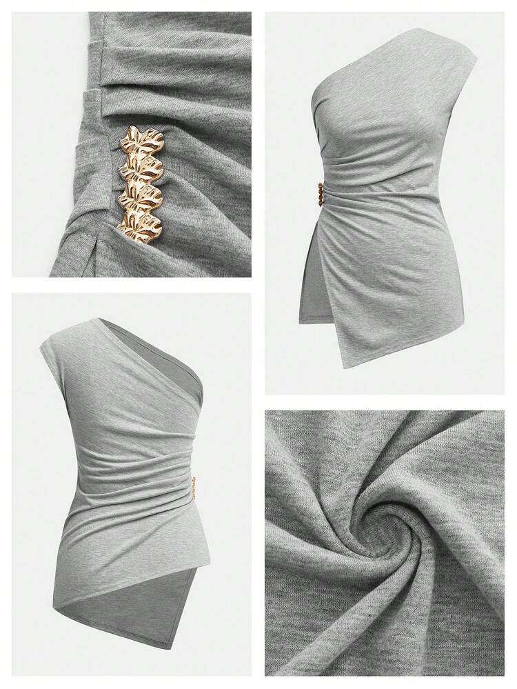 SHEIN Maija Damen Bluse mit asymmetrischem Saum und geraffter Metallschnalle