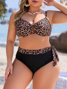 Swim Lushoire Plus Size Women 2pcs Tropical Plant Random Print Asymmetric Ruffle Trim Top And High Waist Triangle Bottoms Swimwear Set, Casual And Suitable For Daily Vacation - Multicolor - View 3