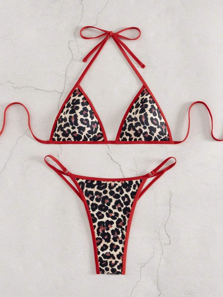 Sirith 女款度假海灘豹紋撞色滾邊泳衣套裝 - 紅色 - 查看 6