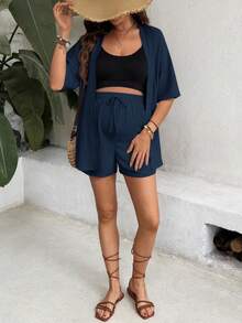 SHEIN Solid Color Casual Loose Cardigan And Drawstring Shorts 2 Pieces Set - Royal Blue - View 3